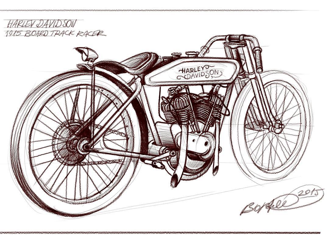 Schönes Männerspielzeug aus meinem Skizzenbuch, 1915 Harley Davidson Board Track