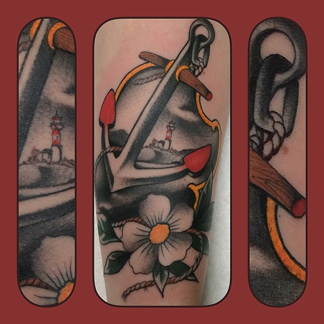 Anchor and lighthouse in landscape From january, 
#stuckinthepasttattoo ##german