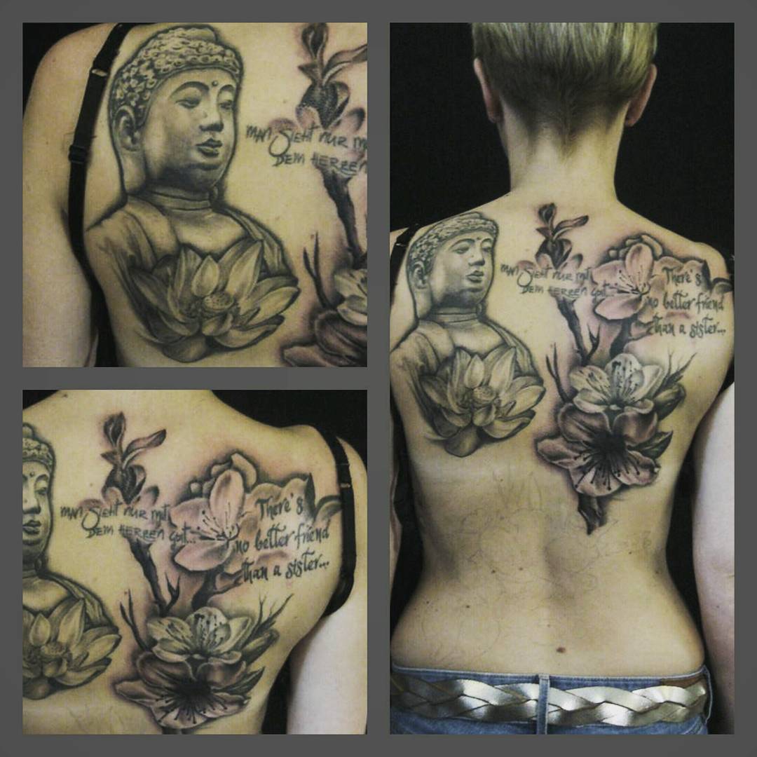Backpiece cherry blossoms in progress....always a great fun.....buddha and lotus