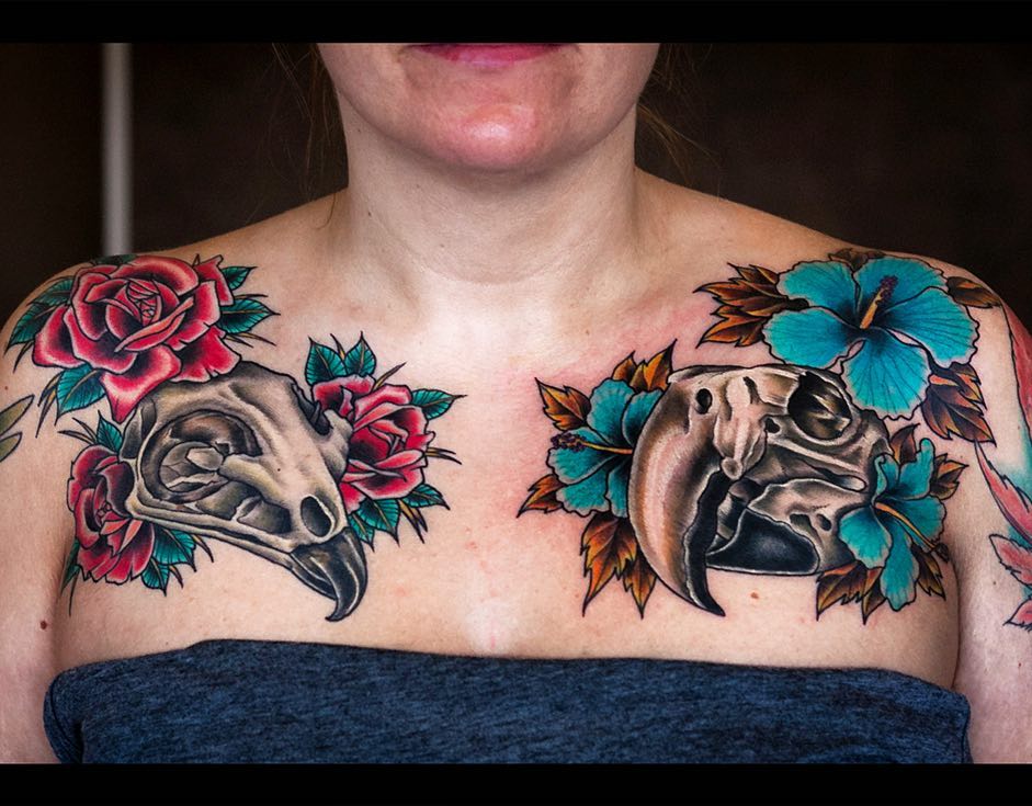 Buzzard skull and roses healed and settled in about 6 weeks, parrot skull and hi...