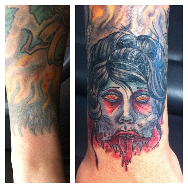 Cover-Up Time again...#tattoo #tattooing #tattooart #zombie#zombiegirl#girlshead...