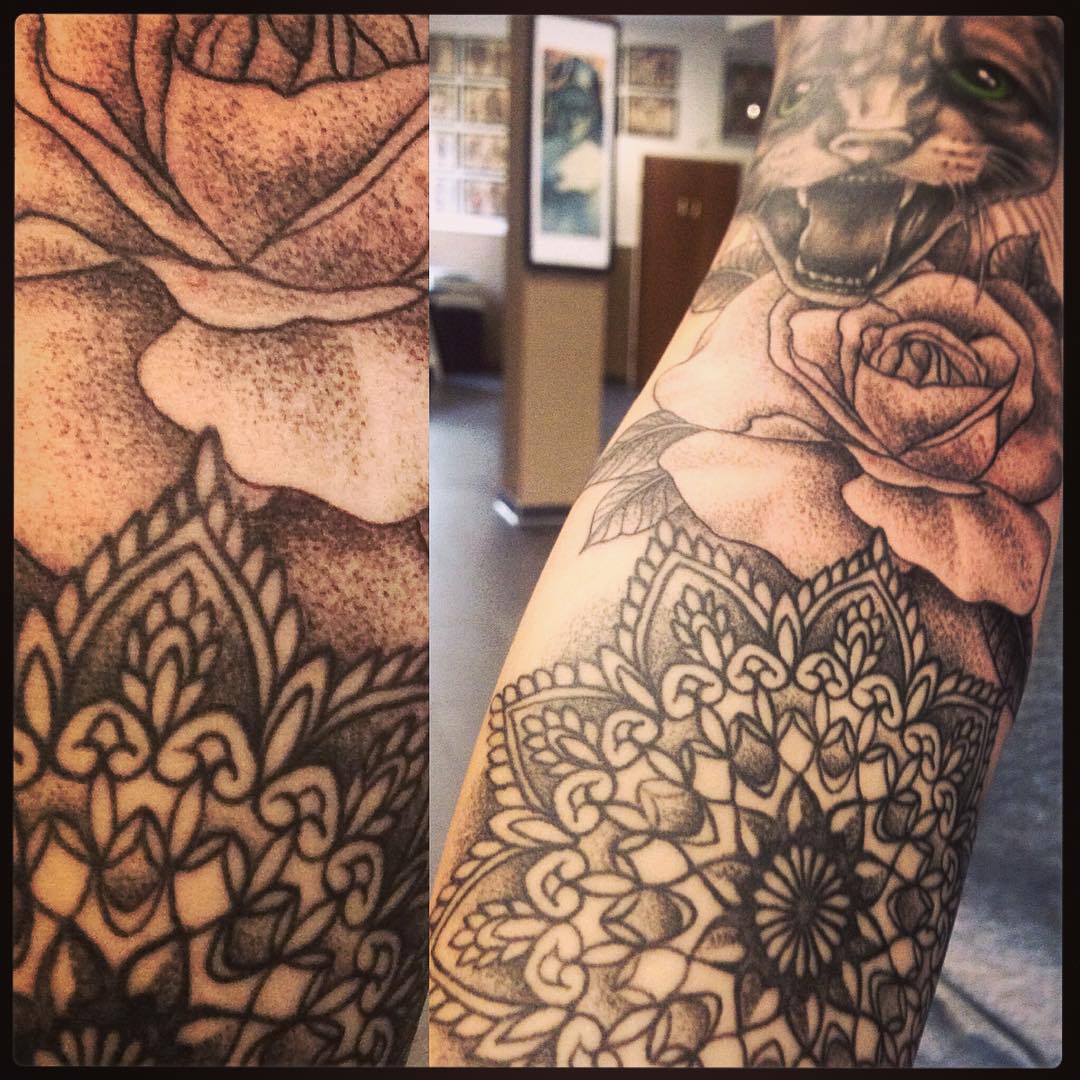 Early stage of a "girly stuff" sleeve...rose and cat are fresh, the mandala is h...