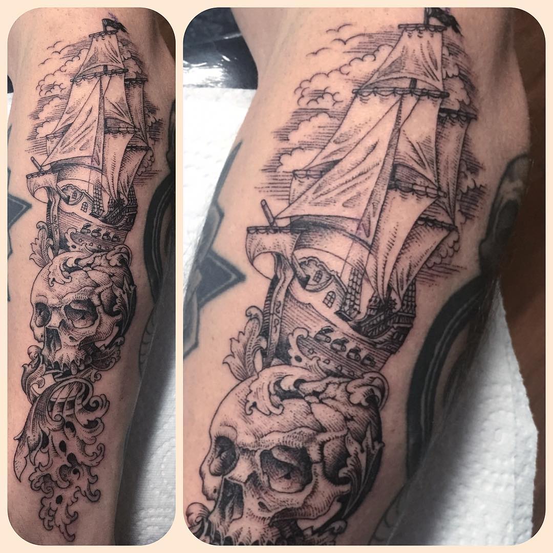 I Love nautical tattoo stuff.. 
Battleship, skull water scrolls gap filler, than