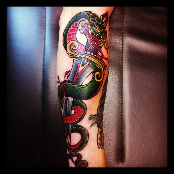 Jake(ubowski) the Snake #snake#tattoo#snaketattoo#dagger#daggertattoo#oldschool#...