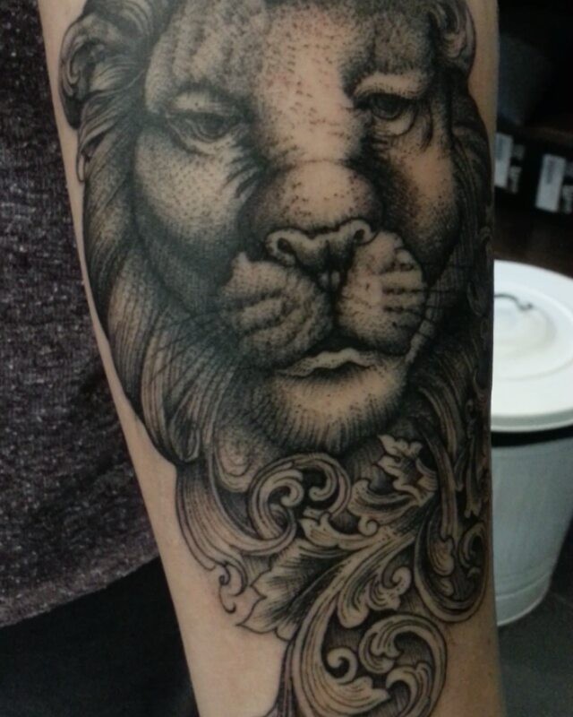 Lion with freehand scrolls, 
#stuckinthepasttatto #finelinetattoo #tattoograving