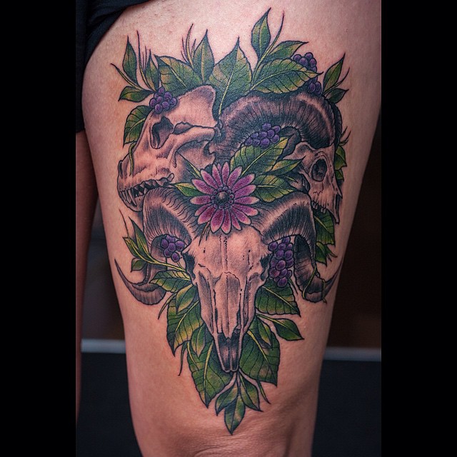 One shot, upper leg #tattoo #tattoing #skull#skulltattoo#ram#antlers#horns#wolfs...