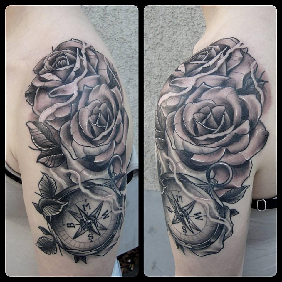 Roses and compass from last week....half fresh and half healed #germantattooers