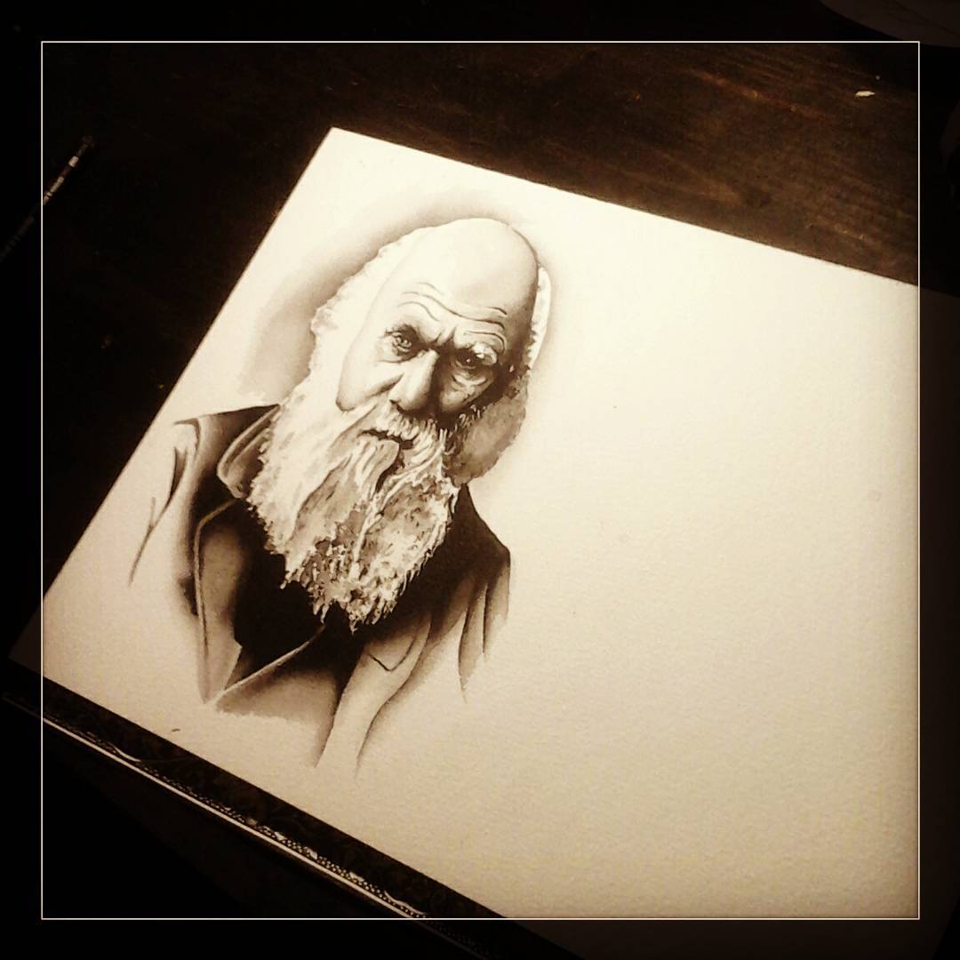 Saturdaynight......doing a watercolourportrait of Charles Darwin......quiet norm