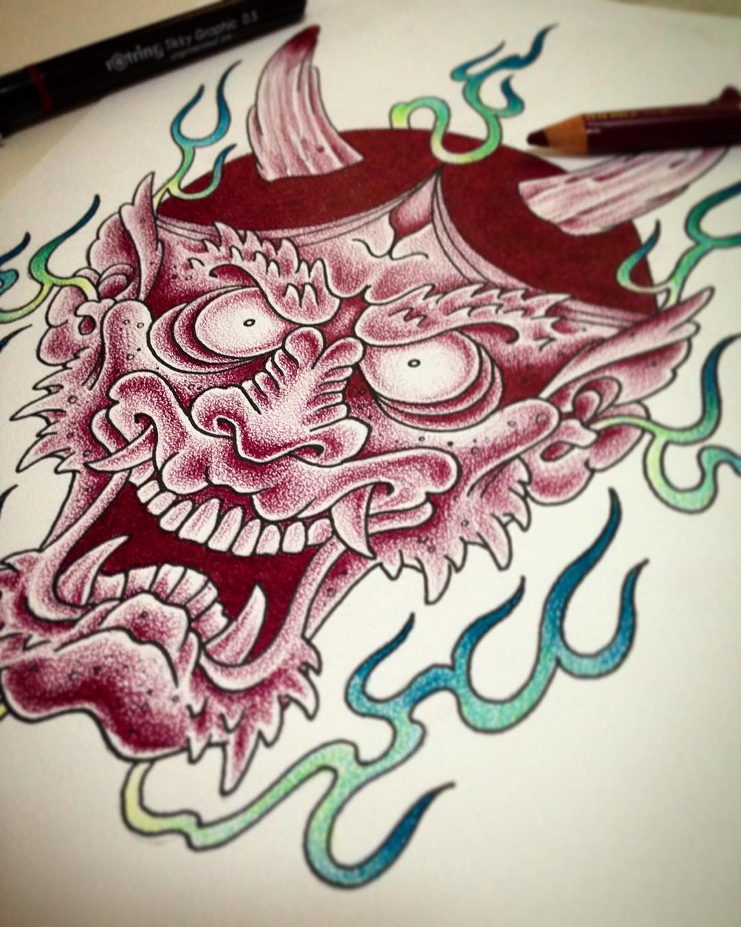 Sketch with Polychromos on Coquille - waiting for getting tattooed! #hannya#oni#...