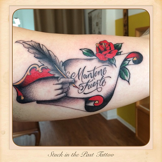 Todays work, 
#stuckinthepasttattoo #smartestshopintown #bright_and_bold #german