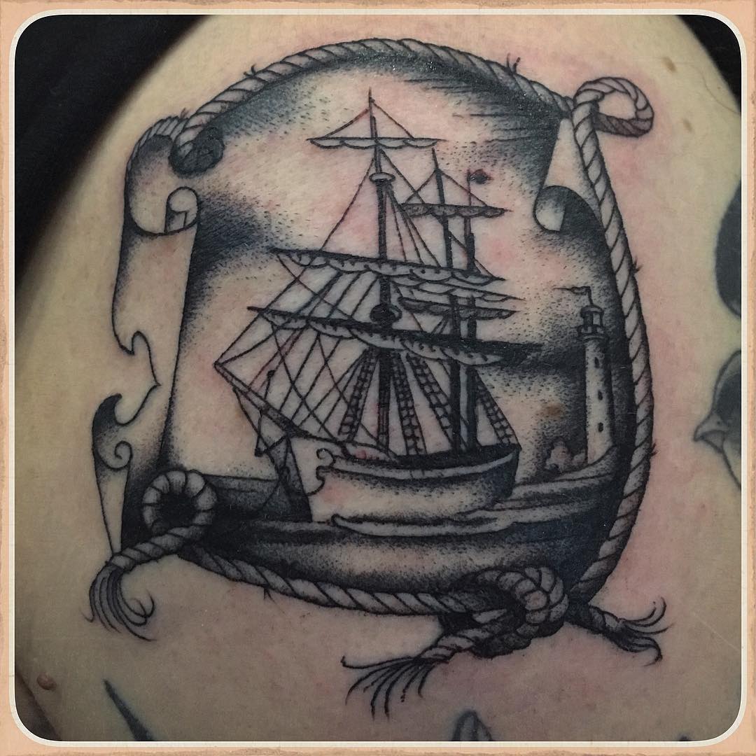 quietly ship and lighthouse scene in habour, done last week @zeitgeisttattoo #ma