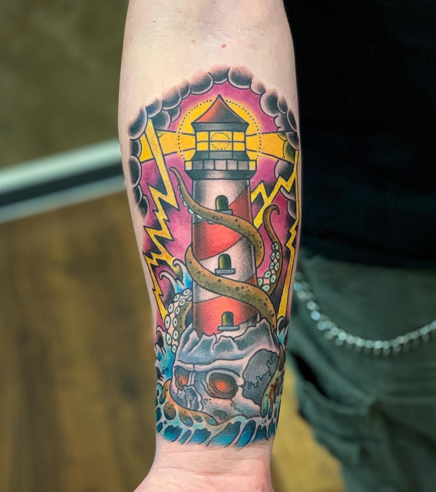 „Kraken Week“ @zeitgeisttattoo 
.
A kraken infested lighthouse tattoo for Christ...