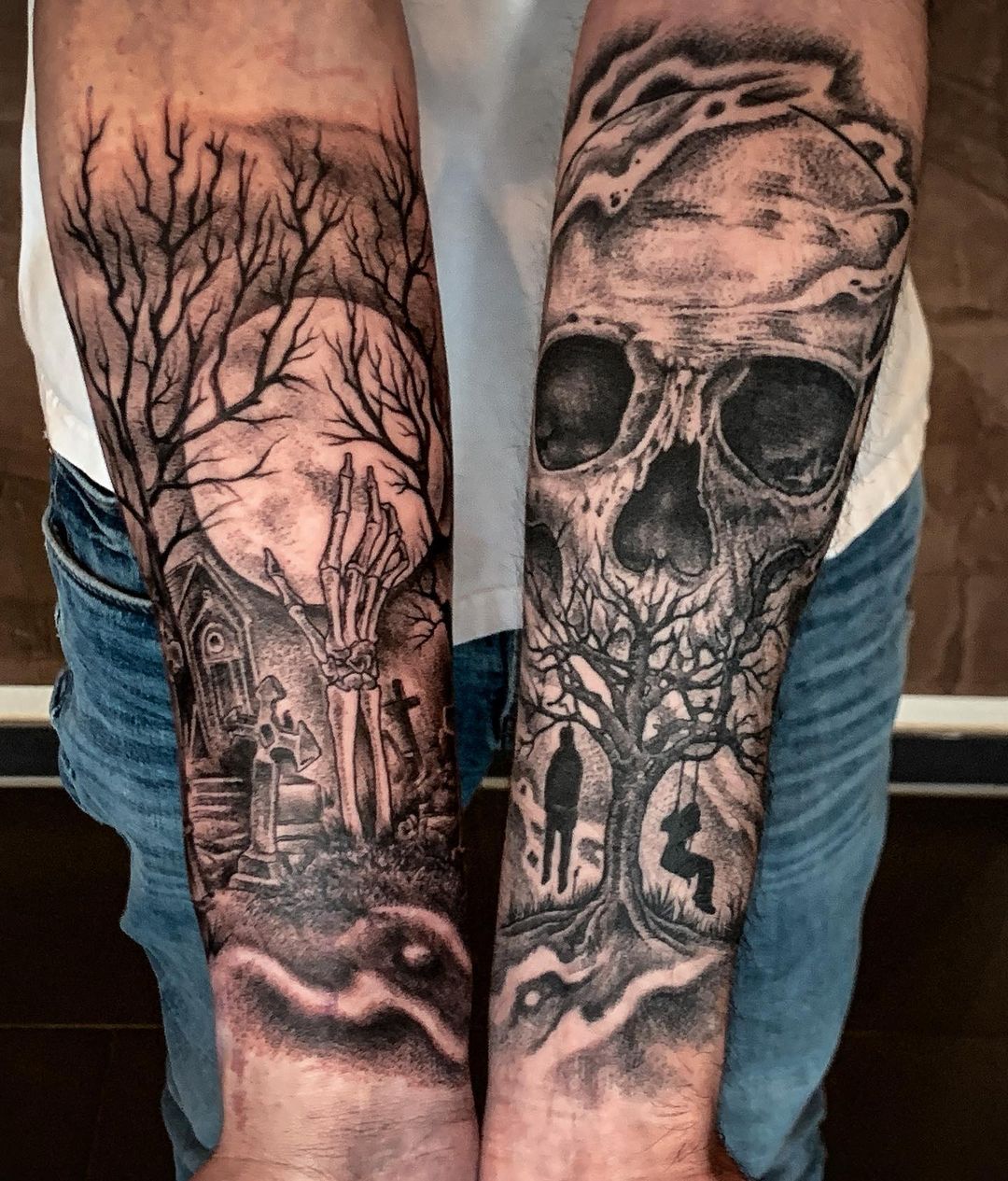 Early start of two new full sleeve projects.
.
Right arm fresh, left arm 6 weeks...