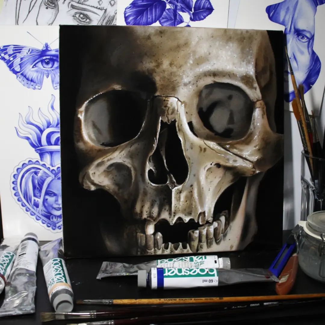 "Dead but still smiling" Öl auf Leinwand 30x30cm.  um den ganzen Prozess zu sehe