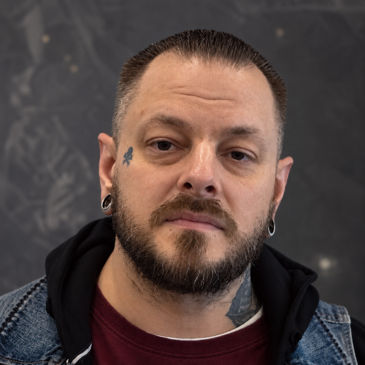 Nahporträt eines bärtigen Mannes mit Tattoos